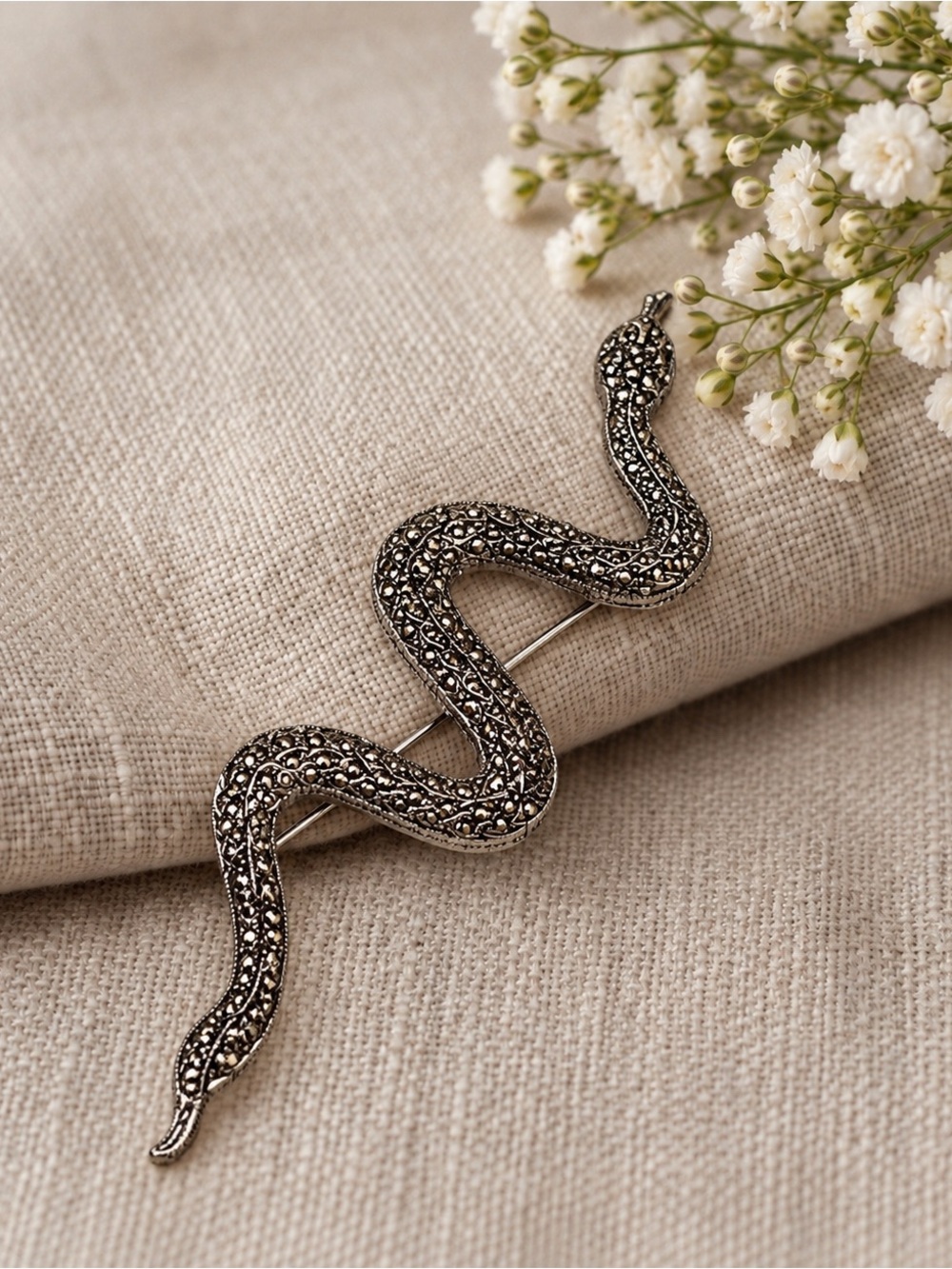 Silver-Tone Textured Snake Brooch 
Coiled Serpent Statement Pin